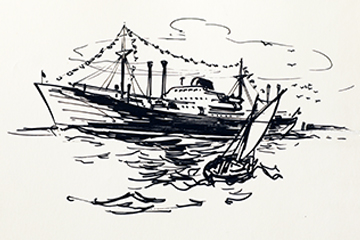 Tuscheskizze, Segler vor Frachter